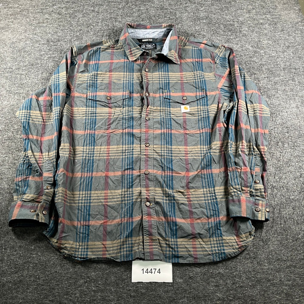 Carhartt Rugged Flex Flannel Shirt Mens XL Gray Blue Plaid Relaxed Fit Button Up